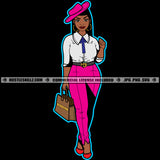 African American Lady Melanin Woman Baseball Cap Hat Fit Figure Hustler Earring Holding Bag Logo Hustle Skillz SVG PNG JPG Vector Cut Files Silhouette Cricut