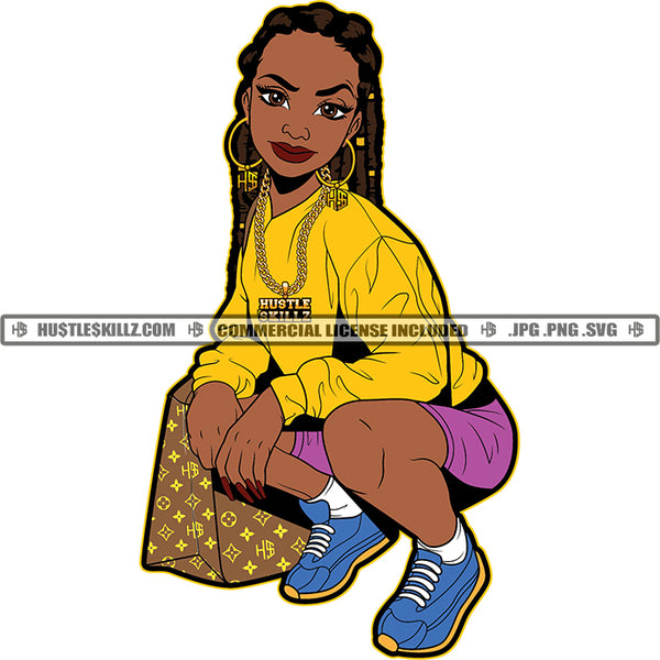 Melanin Pretty Lola Braids Hair Squatting Purse Yellow Shirt Logo Hustle Skillz SVG PNG JPG Vector Cutting Files Silhouette Cricut