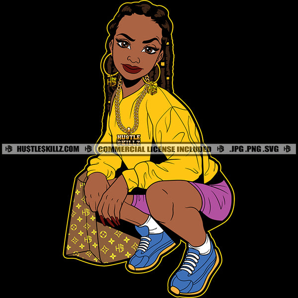 Melanin Pretty Lola Braids Hair Squatting Purse Yellow Shirt Logo Hustle Skillz SVG PNG JPG Vector Cutting Files Silhouette Cricut