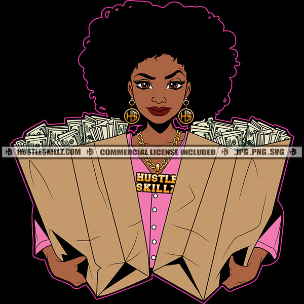 Afro Lola Carrying Bag Full Money Hustler Business Woman Logo Hustle Skillz SVG PNG JPG Vector Cutting Files Silhouette Cricut