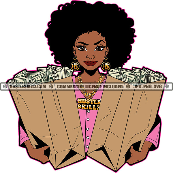 Afro Lola Carrying Bag Full Money Hustler Business Woman Logo Hustle Skillz SVG PNG JPG Vector Cutting Files Silhouette Cricut