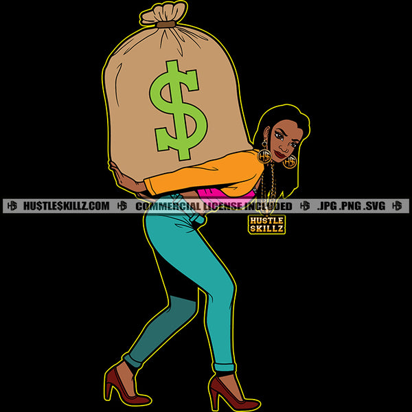 Business Woman Lola Carrying Big Bag Money Hustler Grind Logo Hustle Skillz SVG PNG JPG Vector Cutting Files Silhouette Cricut