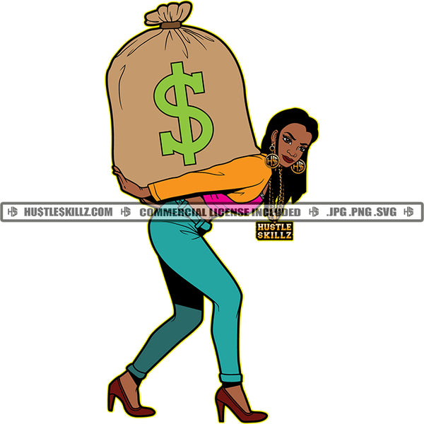 Business Woman Lola Carrying Big Bag Money Hustler Grind Logo Hustle Skillz SVG PNG JPG Vector Cutting Files Silhouette Cricut