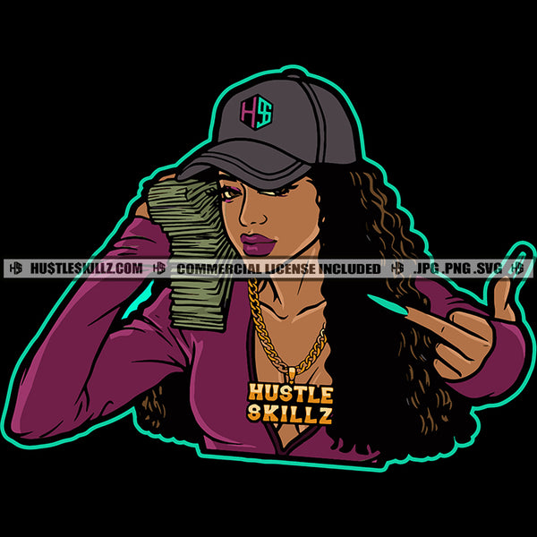 Melanin Woman Money Baseball Cap Hat Gangster Hustling Gold Chain Middle Finger Logo Hustle Skillz SVG PNG JPG Vector Cut Files Silhouette Cricut
