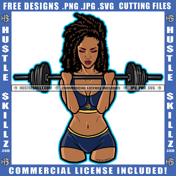 Black Woman Lifting Weights In Bw Workout Outfit Exercise Sneakers Bar Bells Logo Hustle Skillz SVG PNG JPG Vector Cut Files Silhouette Cricut