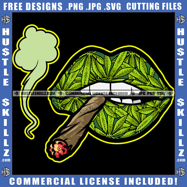 Big Green Lips Gold Leaves Smoke Smoking Leaf Pattern Puffing Leaves In Color Cannabis Smoking Blunt Marijuana Weed leaf Logo Hustle Skillz SVG PNG JPG Vector Cut Files Silhouette Cricut