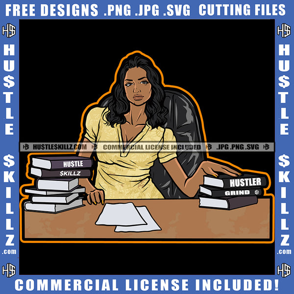 Black Woman Sitting On Books Hustle Grind Growth In Yellow Logo Hustle Skillz SVG PNG JPG Vector Cut Files Silhouette Cricut