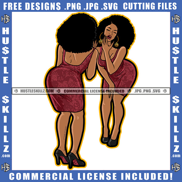 Black Queen Purple Mauve Dress Open Back Sitting On Her Gray Heels Long Hair Logo Hustle Skillz SVG PNG JPG Vector Cut Files Silhouette Cricut