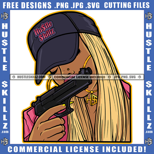 Woman Blonde Cap Hat Gun Pistol Weapon Bullet Gangster Hustling Hustler Logo Hustle Skillz SVG PNG JPG Vector Cut Files Silhouette Cricut