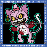 Pink Cat Kitten Purple Skirt Dripping Red Blood Bloody Mouth Claws Pink Bow Logo Hustle Skillz SVG PNG JPG Vector Cut Files Silhouette Cricut