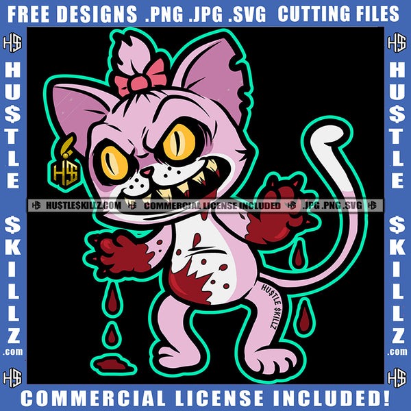 Pink Cat Kitten Purple Skirt Dripping Red Blood Bloody Mouth Claws Pink Bow Logo Hustle Skillz SVG PNG JPG Vector Cut Files Silhouette Cricut