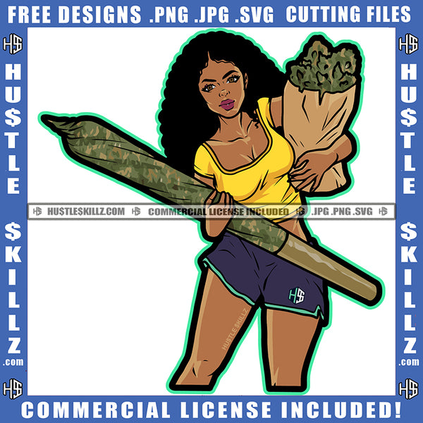 Woman Big Blunt Cigar Bag Weed Braids Splash Grind Hustler Cannabis Smoking Blunt Marijuana Weed leaf Logo Hustle Skillz SVG PNG JPG Vector Cut Files Silhouette Cricut