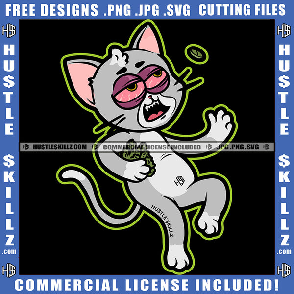 Cat High Life Smoker Drug Cannabis Smoking Blunt Marijuana Weed leaf Logo Hustle Skillz SVG PNG JPG Vector Cut Files Silhouette Cricut