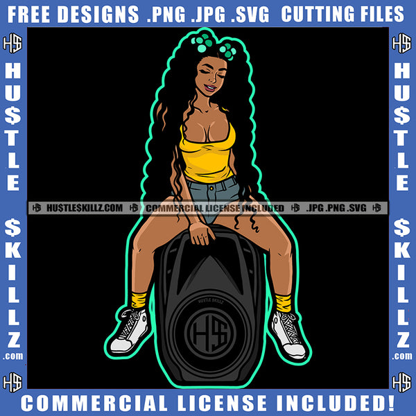 Melanin Woman Long Wave Hairstyle Curvy And Sexy Sitting On Box Hustler Hustling Logo Hustle Skillz SVG PNG JPG Vector Cut Files Silhouette Cricut