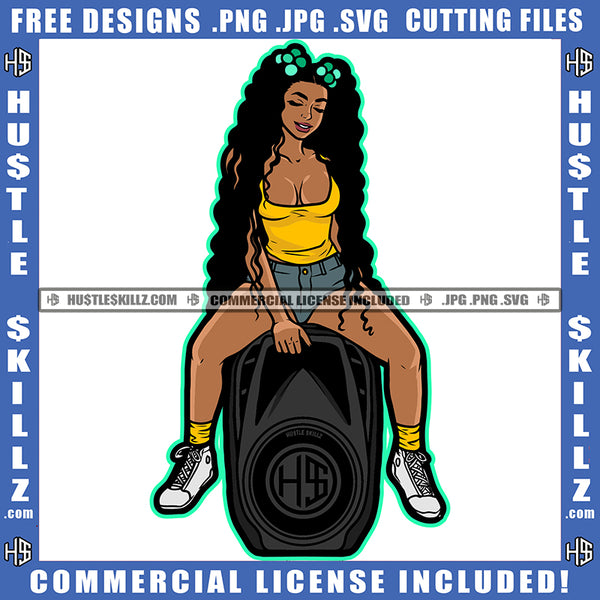 Melanin Woman Long Wave Hairstyle Curvy And Sexy Sitting On Box Hustler Hustling Logo Hustle Skillz SVG PNG JPG Vector Cut Files Silhouette Cricut