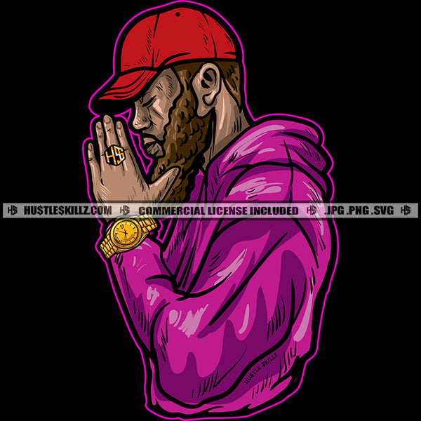 Black Man Bearded Praying Pray Prayers Hip Hop Rap God Lord Logo Hustle Skillz SVG PNG JPG Vector Cutting Files Silhouette Cricut