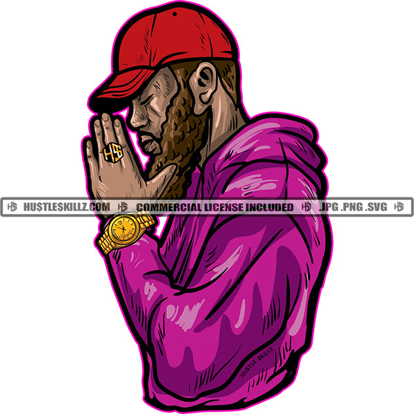 Black Man Bearded Praying Pray Prayers Hip Hop Rap God Lord Logo Hustle Skillz SVG PNG JPG Vector Cutting Files Silhouette Cricut