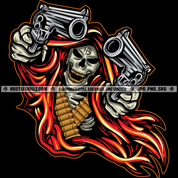 Gangster Skull Flying Carrying Hand Gun Weapon Flames Fire Hip Hop Rap Logo Hustle Skillz SVG PNG JPG Vector Cutting Files Silhouette Cricut