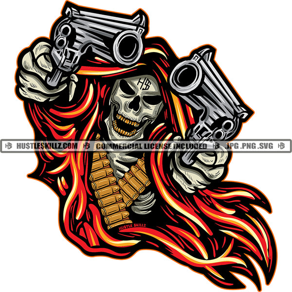 Gangster Skull Flying Carrying Hand Gun Weapon Flames Fire Hip Hop Rap Logo Hustle Skillz SVG PNG JPG Vector Cutting Files Silhouette Cricut