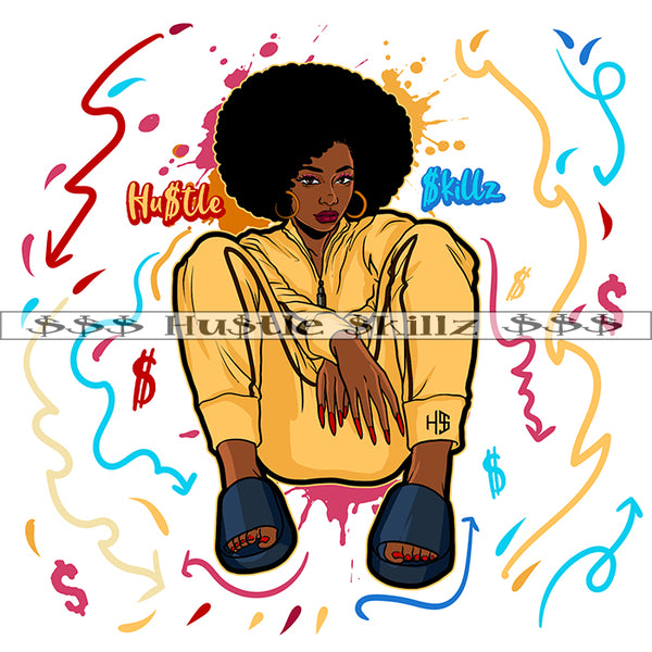 Afro Melanin Sitting Floor Yellow Outfit Money Cash Hustle Skillz Dope Hustler Hustling Designs For Products SVG PNG JPG EPS Cut Cutting