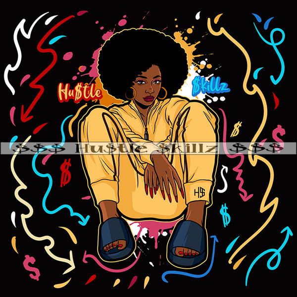 Afro Melanin Sitting Floor Yellow Outfit Money Cash Hustle Skillz Dope Hustler Hustling Designs For Products SVG PNG JPG EPS Cut Cutting