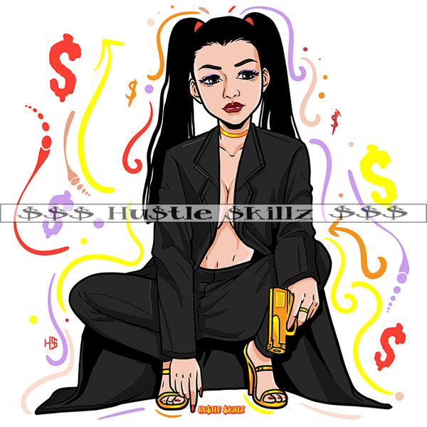 Asian Girl Carrying Hand Gun Money Cash Hustle Skillz Dope Hustler Hustling Designs For Products SVG PNG JPG EPS Cut Cutting