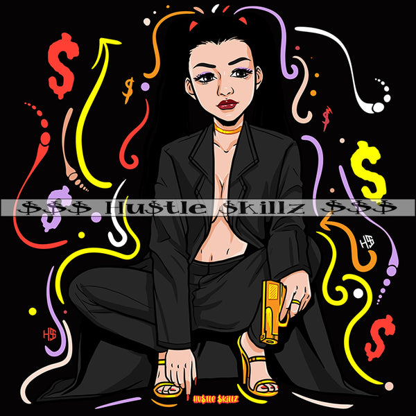 Asian Girl Carrying Hand Gun Money Cash Hustle Skillz Dope Hustler Hustling Designs For Products SVG PNG JPG EPS Cut Cutting