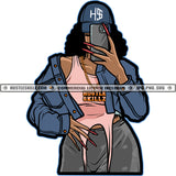 Melanin Woman Taking Selfie Cellphone Baseball Cap Design Element Logo Hustler Grind Hustle Skillz SVG PNG JPG Vector Cut Files