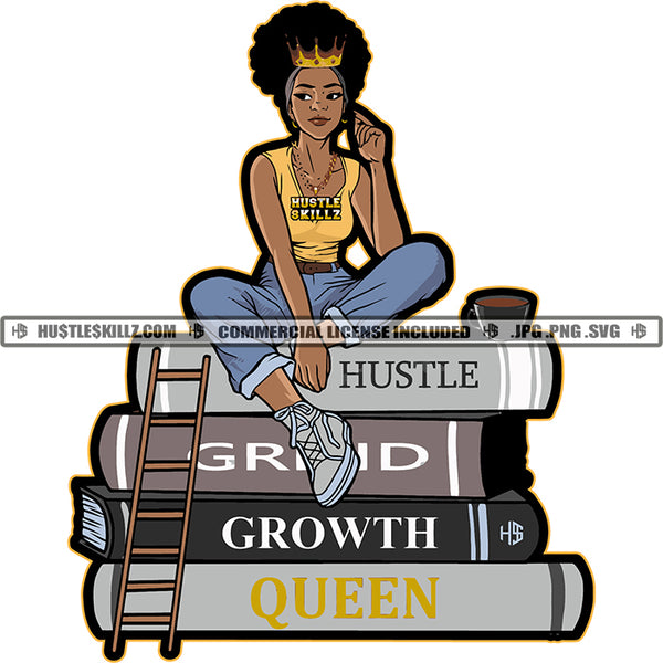 Woman Queen Sitting Top Books Educated Melanin Design Element Logo Hustler Grind Hustle Skillz SVG PNG JPG Vector Cut Files