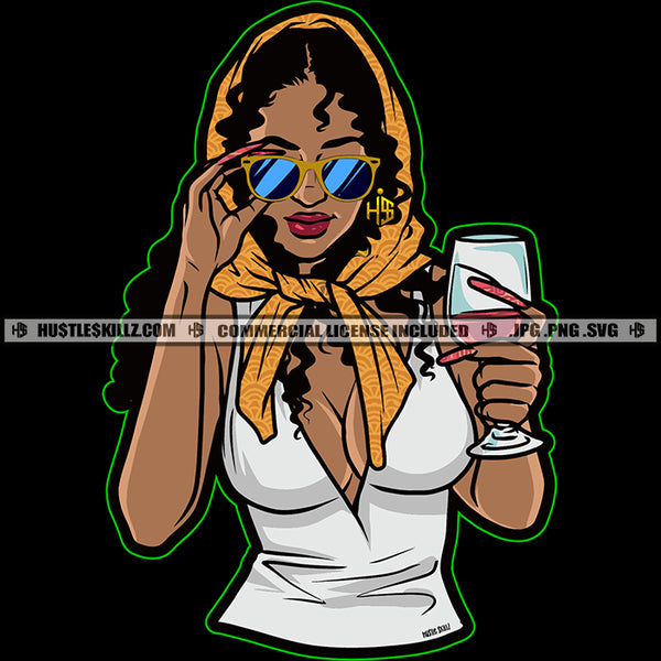 Woman Drinking Wine Glasses Scarf Long Nails Design Element Logo Hustler Grind Hustle Skillz SVG PNG JPG Vector Cut Files