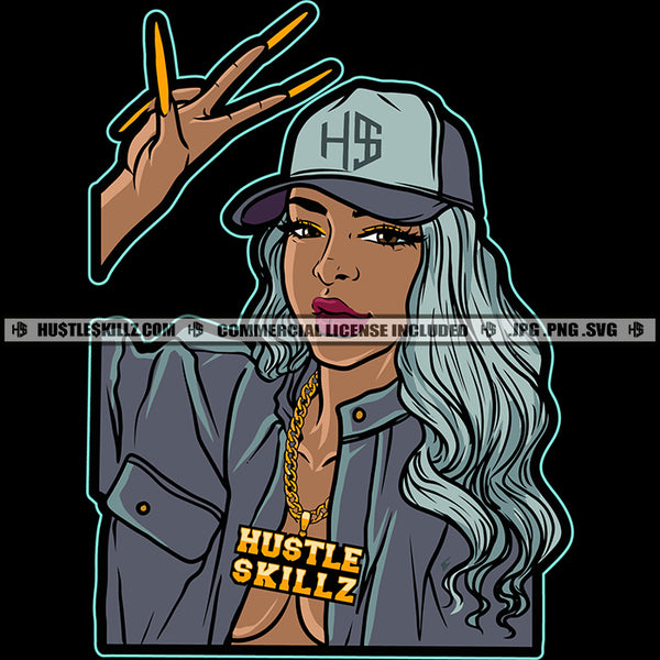 Beautiful Woman Baseball Cap Peace Symbol Sign Long Nails Design Element Logo Hustler Grind Hustle Skillz SVG PNG JPG Vector Cut Files