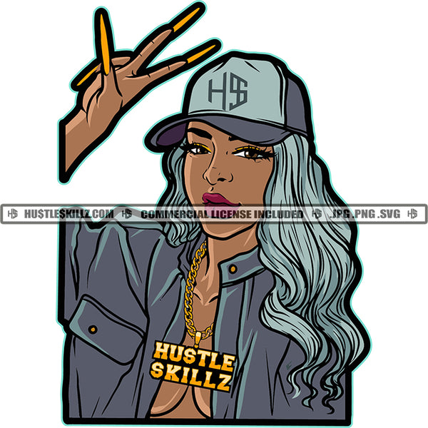 Beautiful Woman Baseball Cap Peace Symbol Sign Long Nails Design Element Logo Hustler Grind Hustle Skillz SVG PNG JPG Vector Cut Files