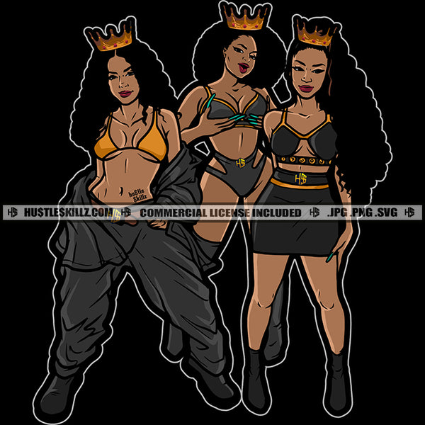 Beautiful Queens Melanin Crown Sisters Buddies Best Friends Design Element Logo Hustler Grind Hustle Skillz SVG PNG JPG Vector Cut Files