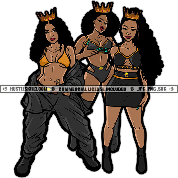 Beautiful Queens Melanin Crown Sisters Buddies Best Friends Design Element Logo Hustler Grind Hustle Skillz SVG PNG JPG Vector Cut Files