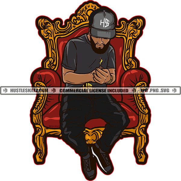 Black Man Sitting Throne Chair Sport Outwear Lighter Fire Design Element Logo Hustler Grind Hustle Skillz SVG PNG JPG Vector Cut Files