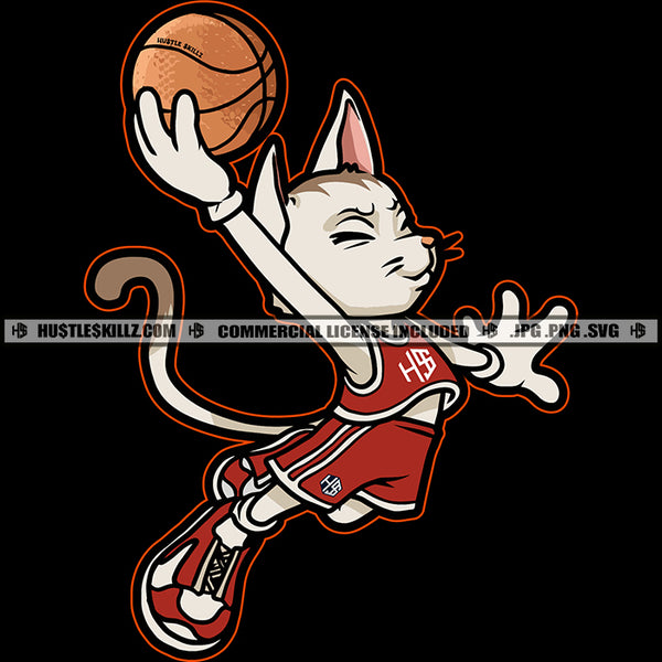 Cat Feline Playing Basketball Sport Dunk Contest Cartoon Character Design Element Logo Hustler Grind Hustle Skillz SVG PNG JPG Vector Cut Files