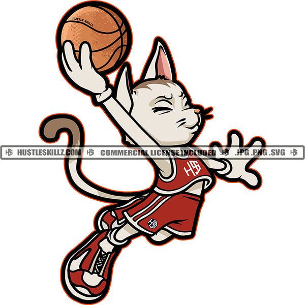 Cat Feline Playing Basketball Sport Dunk Contest Cartoon Character Design Element Logo Hustler Grind Hustle Skillz SVG PNG JPG Vector Cut Files