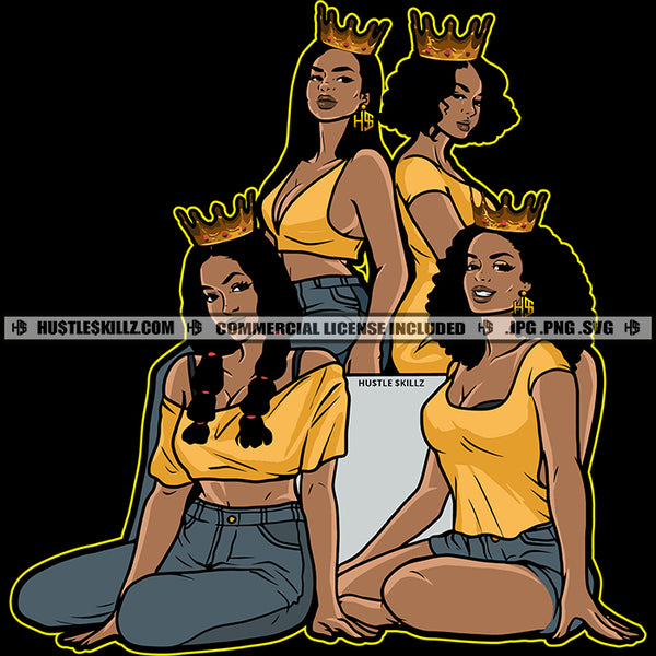 Queens Together Woman Power Crown Melanin Woman Best Friends Sistas Design Element Logo Hustler Grind Hustle Skillz SVG PNG JPG Vector Cut Files