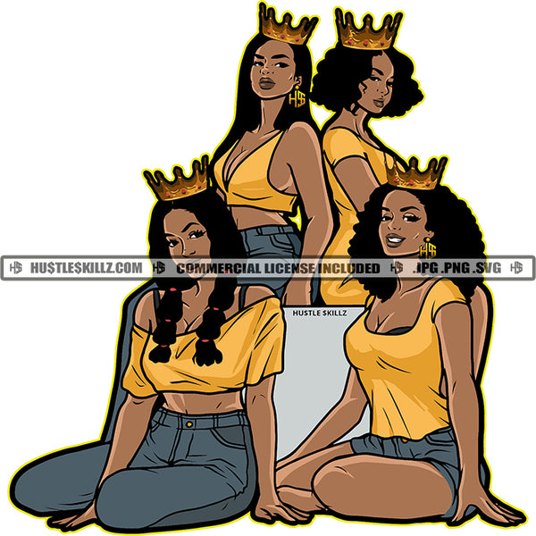 Queens Together Woman Power Crown Melanin Woman Best Friends Sistas Design Element Logo Hustler Grind Hustle Skillz SVG PNG JPG Vector Cut Files