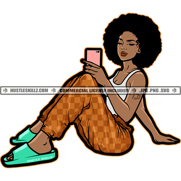 Afro Woman Taking Selfie Cellphone Logo Hustler Grind Hustle Skillz SVG PNG JPG Vector Cut Files