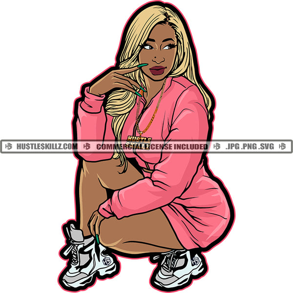 Squatting Blonde Woman Sneakers Sport Outwear Logo Hustler Grind Hustle Skillz SVG PNG JPG Vector Cut Files