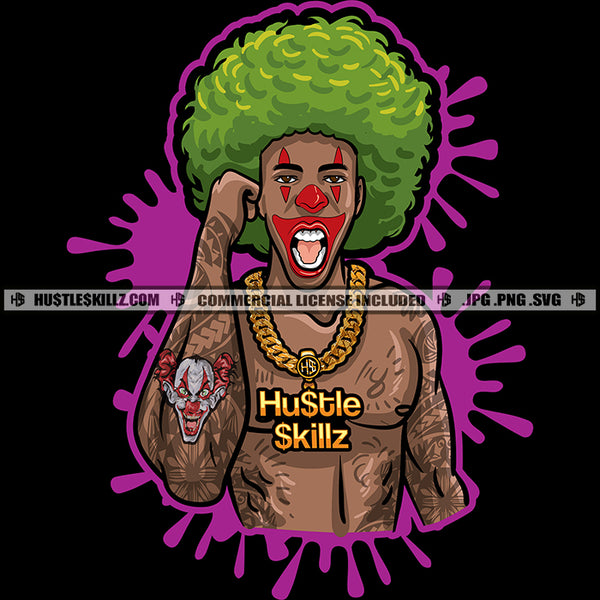 Jocker Costume Black Strong Man Green Afro Hair Tattoo Commercial Use Logo Hustle Skillz SVG PNG JPG Vector Cut  Files Silhouette Cricut