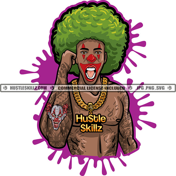 Jocker Costume Black Strong Man Green Afro Hair Tattoo Commercial Use Logo Hustle Skillz SVG PNG JPG Vector Cut  Files Silhouette Cricut