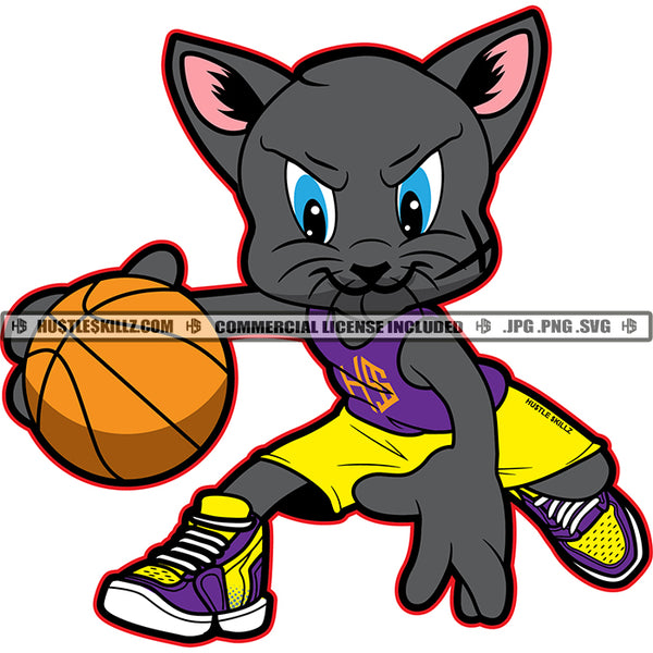 Cat Playing Basketball Sport League Fitness  Logo Hustle Skillz SVG PNG JPG Vector Cut Files Silhouette Cricut