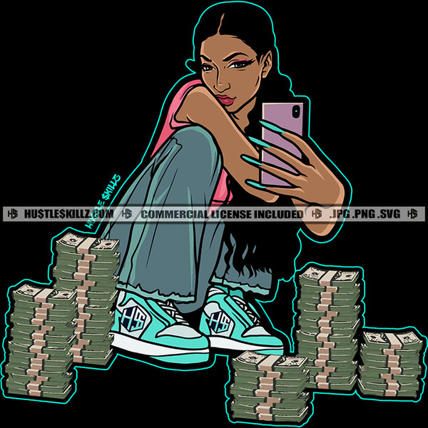 Selfie Melanin Woman Grinding Money Stacks Long Eyelashes Grind Hustler Hustle Skillz SVG PNG JPG Vector Cutting Files Silhouette Cricut