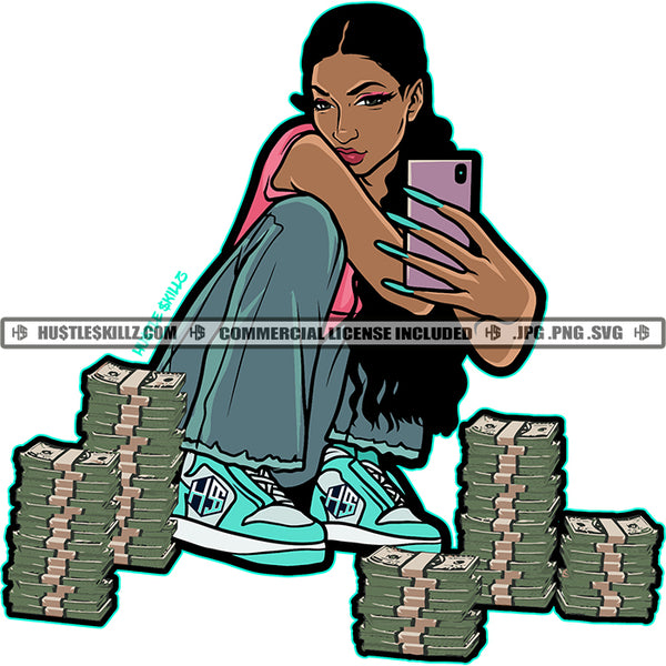 Selfie Melanin Woman Grinding Money Stacks Long Eyelashes Grind Hustler Hustle Skillz SVG PNG JPG Vector Cutting Files Silhouette Cricut