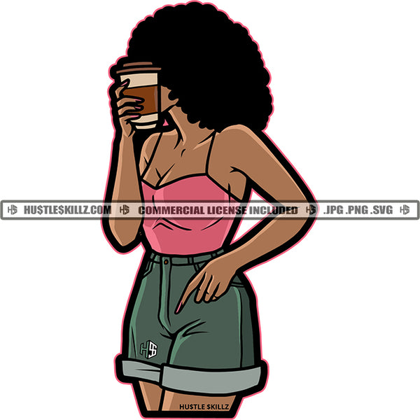 Afro Hairstyle Melanin Woman Drinking Coffee Grinding Grind Hustler Hustle Skillz SVG PNG JPG Vector Cutting Files Silhouette Cricut