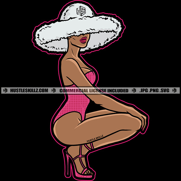 Beautiful Woman Squatting Swimming Suit Big Pamela Beach Hat Grind Hustler Hustle Skillz SVG PNG JPG Vector Cutting Files Silhouette Cricut