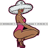 Beautiful Woman Squatting Swimming Suit Big Pamela Beach Hat Grind Hustler Hustle Skillz SVG PNG JPG Vector Cutting Files Silhouette Cricut