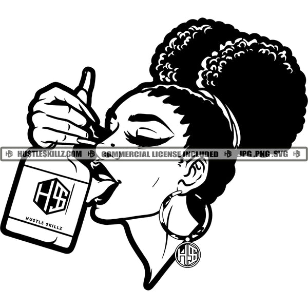 Melanin Woman Licking Bottle Afro Puff Logos Black And White Designs Hustle Skillz SVG PNG JPG Vector Cutting Files Silhouette Cricut